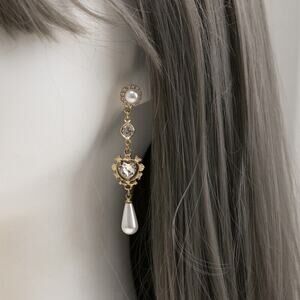 Sweet Heart Shape Artificial Pearls Gold Tone‎ Rhinestone Dangly Earrings Boho
